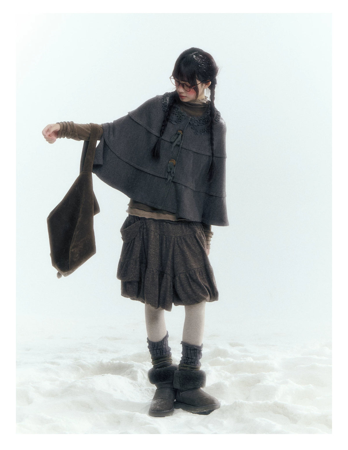 Horridale - Warm Charcoal Gray Knit Cape Poncho with Ruffle Collar