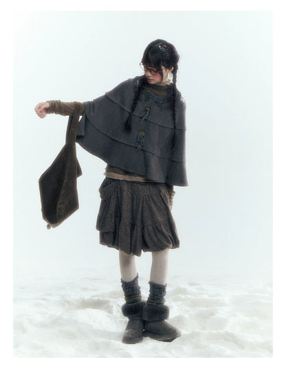 Horridale - Warm Charcoal Gray Knit Cape Poncho with Ruffle Collar