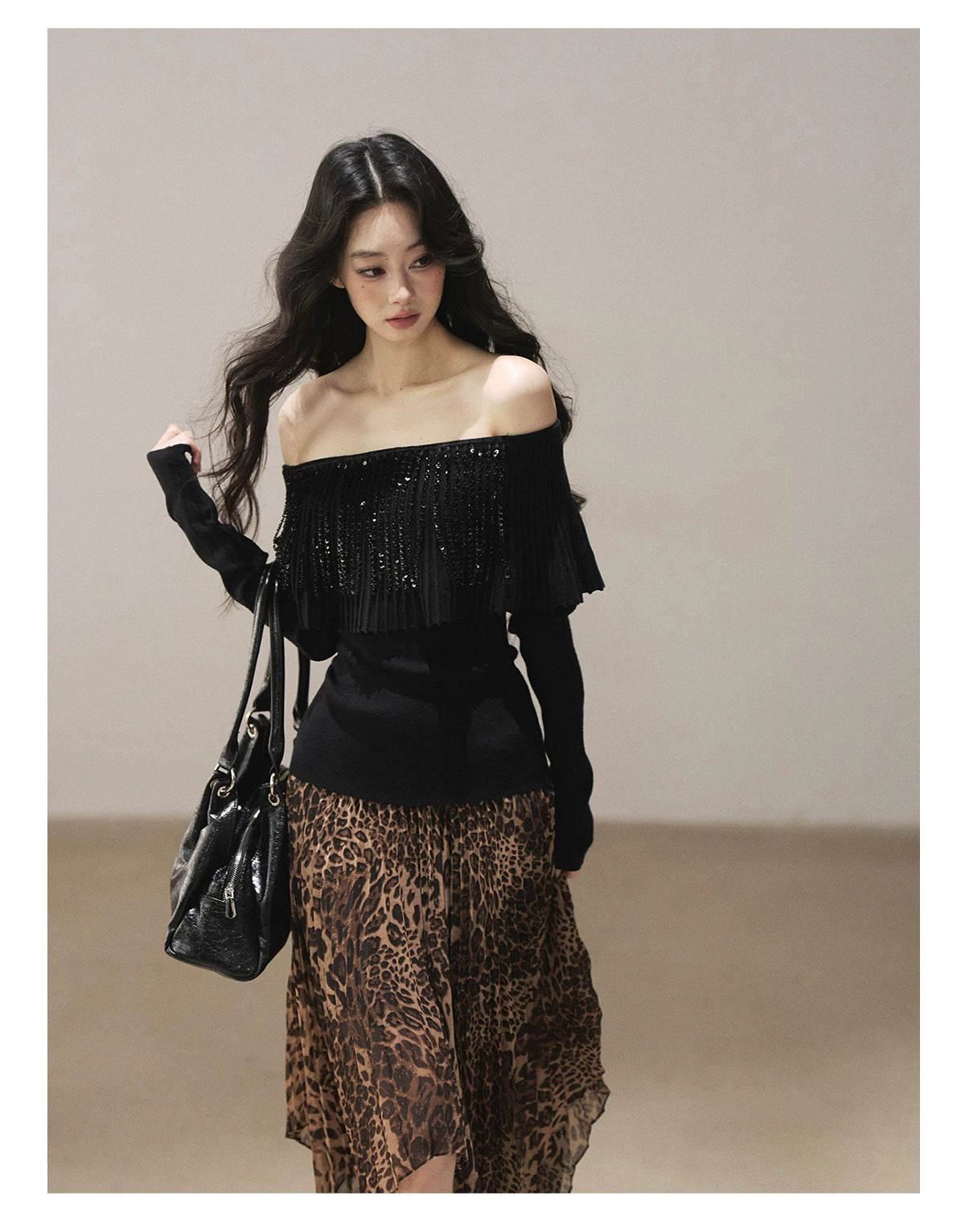 AOMALM - “Cocoa Leopard” Pleated Asymmetric Midi Skirt