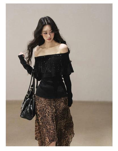 AOMALM - “Cocoa Leopard” Pleated Asymmetric Midi Skirt
