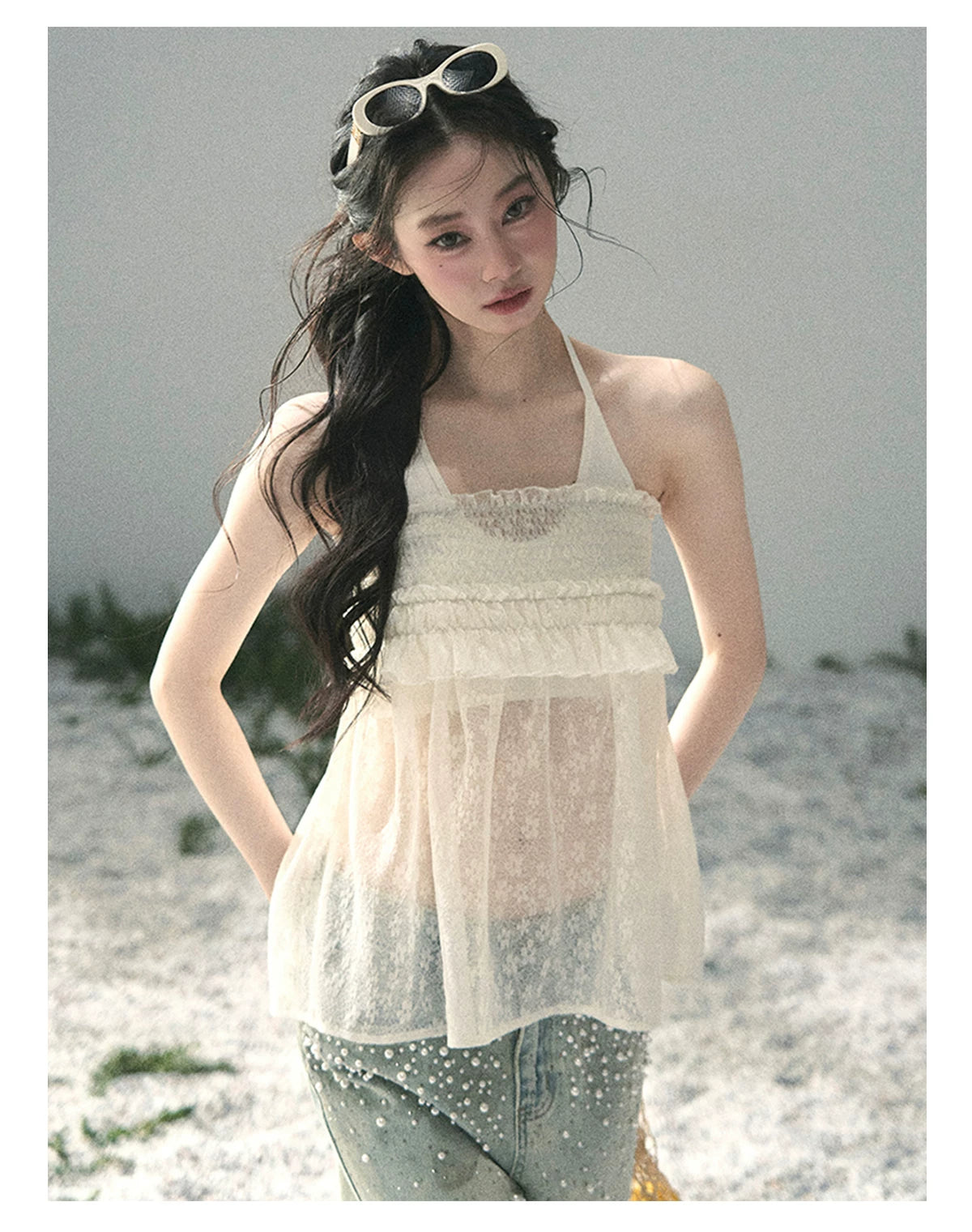“Shattered Glasslight Veil” Cream Lace Halter Twinset Top