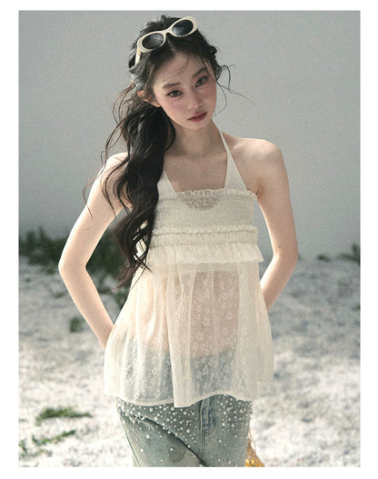 “Shattered Glasslight Veil” Cream Lace Halter Twinset Top