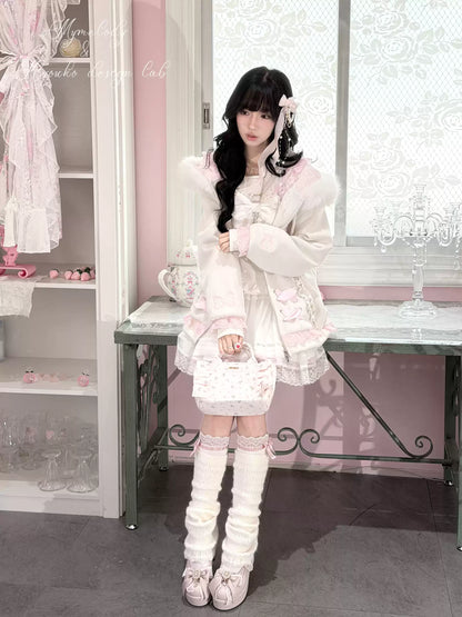 KYOUKO - White & Pink My Melody Fuzzy Collar Ribbon Hoodie