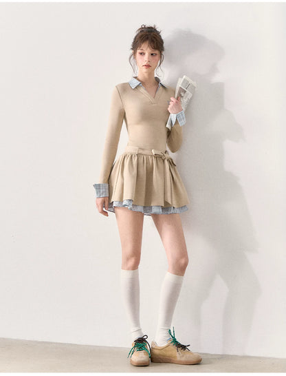 [TMMG] Miu-Inspired Preppy Knit Dress with Plaid Layered Detail & Bow Waist Belt