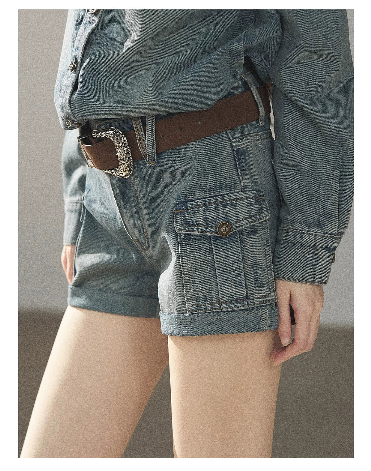 AOMALM - "Borrowed Sunshine" Vintage Blue Denim Commuter Set (Top + Shorts with Belt)