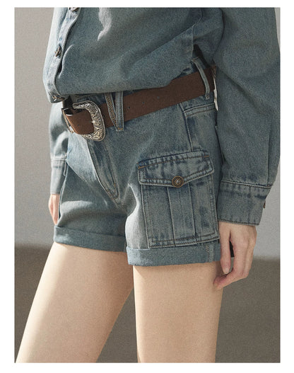AOMALM - "Borrowed Sunshine" Vintage Blue Denim Commuter Set (Top + Shorts with Belt)