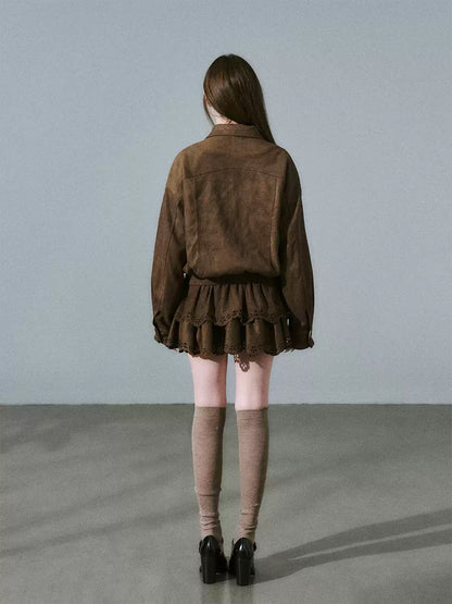 LOST FOREST - Vintage Brown Suede-Style Jacket & Skirt Set