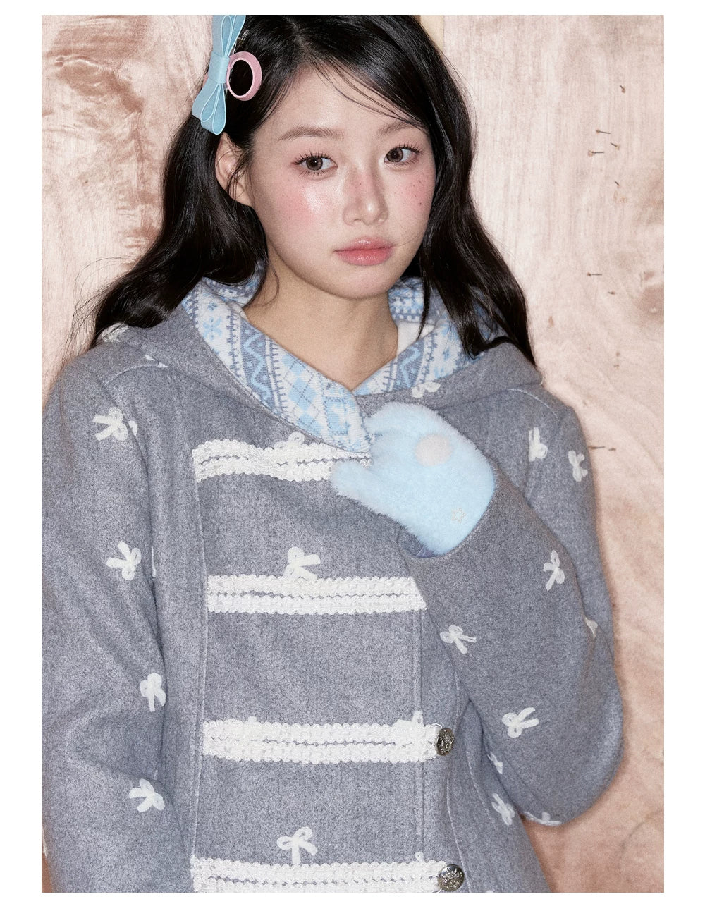 [RF] Heather Gray Vintage Jacquard Hooded Jacket with Frost Mist Blue Details