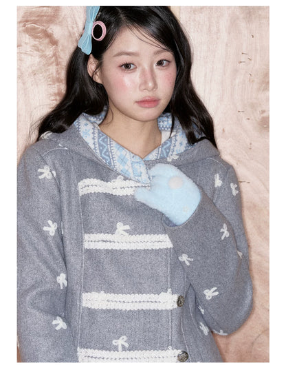 [RF] Heather Gray Vintage Jacquard Hooded Jacket with Frost Mist Blue Details