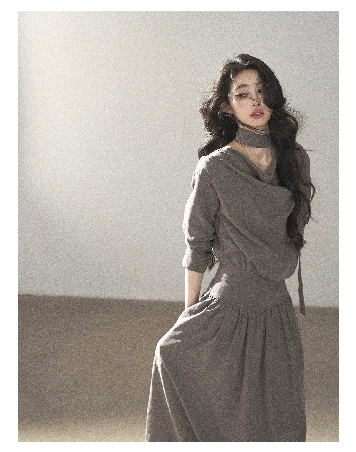 AOMALM - Gray-Purple Pleated Maxi Dress with High-Waisted Cinch Belt
