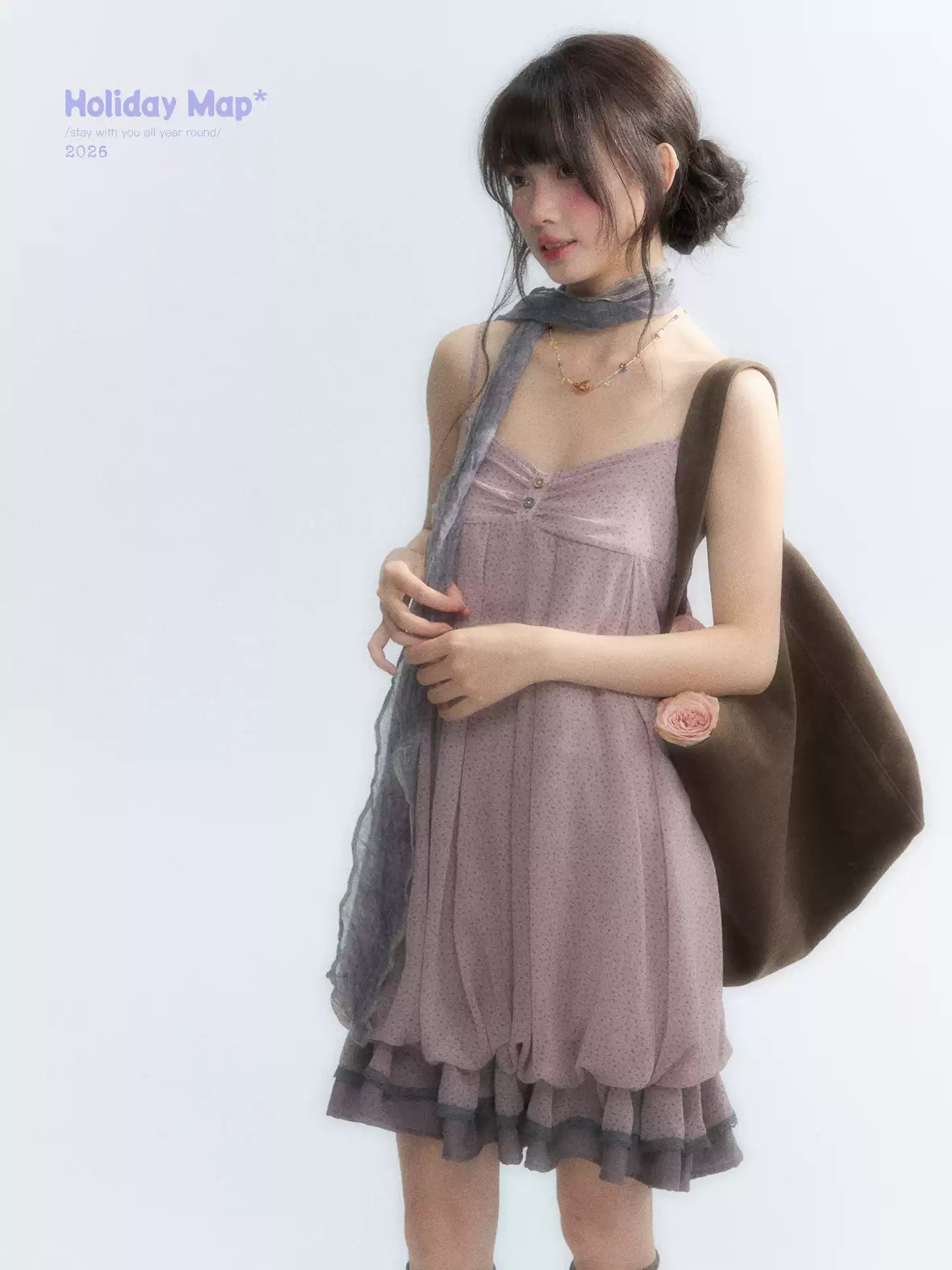 "Misty Lavender Reverie" Vintage Floral Lace Trim Midi Slip Dress