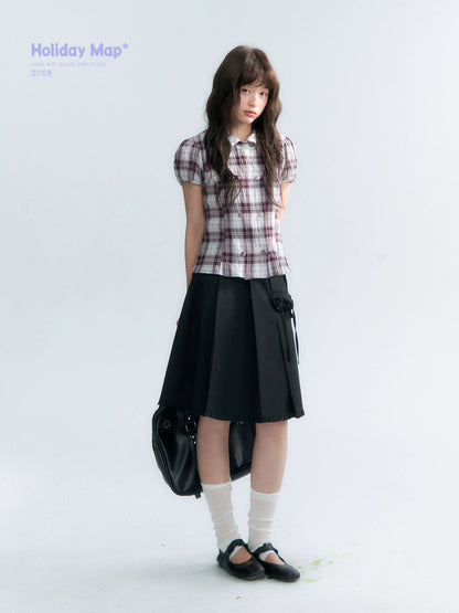 "Violet Mist Bow" Purple Brown Plaid Blouse
