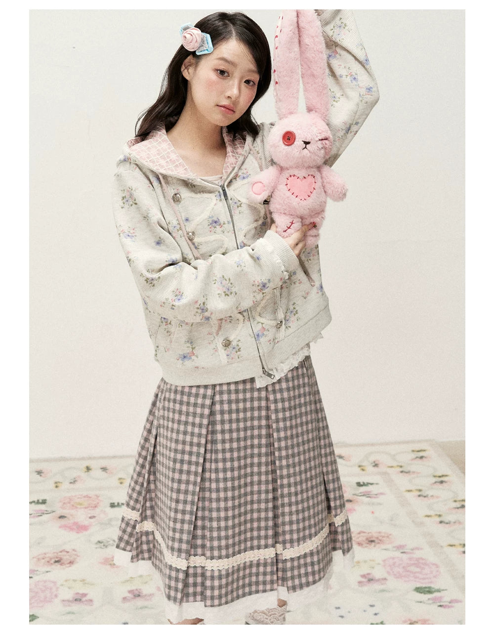 [RF] Gray & Pink Plaid A-Line Midi Skirt with Lace Trim