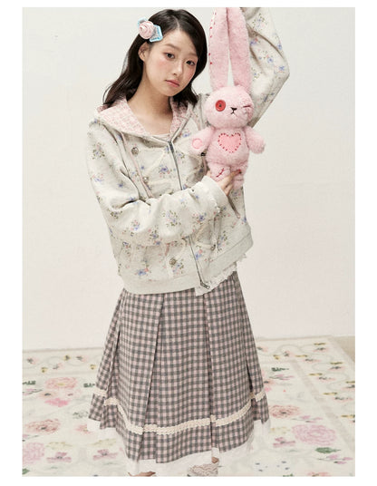 [RF] Gray & Pink Plaid A-Line Midi Skirt with Lace Trim