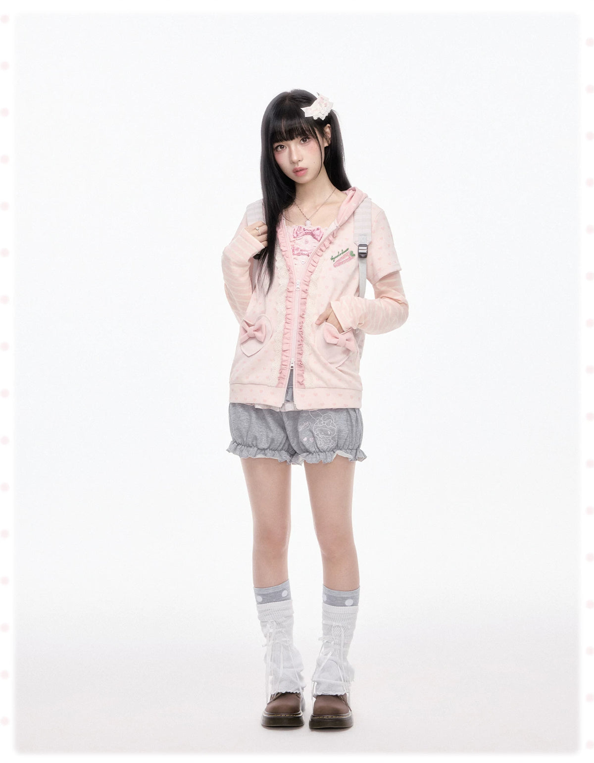 KYOUKO - Pink Hooded Zip-Up Jacket & Gray Ruffle Pants Set