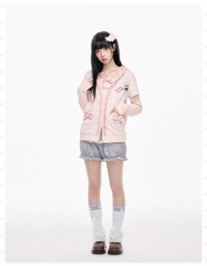 KYOUKO - Pink Hooded Zip-Up Jacket & Gray Ruffle Pants Set