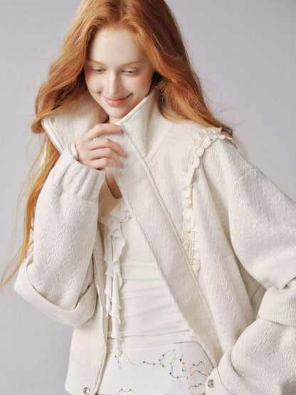"云卷云舒" White Jacquard Short Jacket with Ruffle Collar