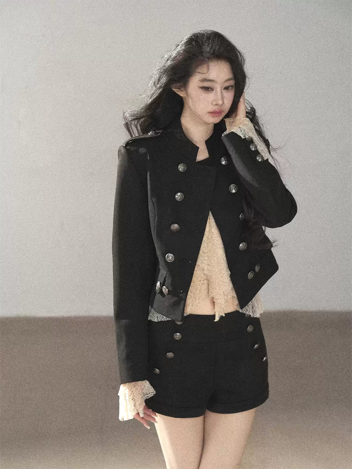 AOMALM - Black Napoleon-Style Jacket & Shorts Set with Milk Tea Top