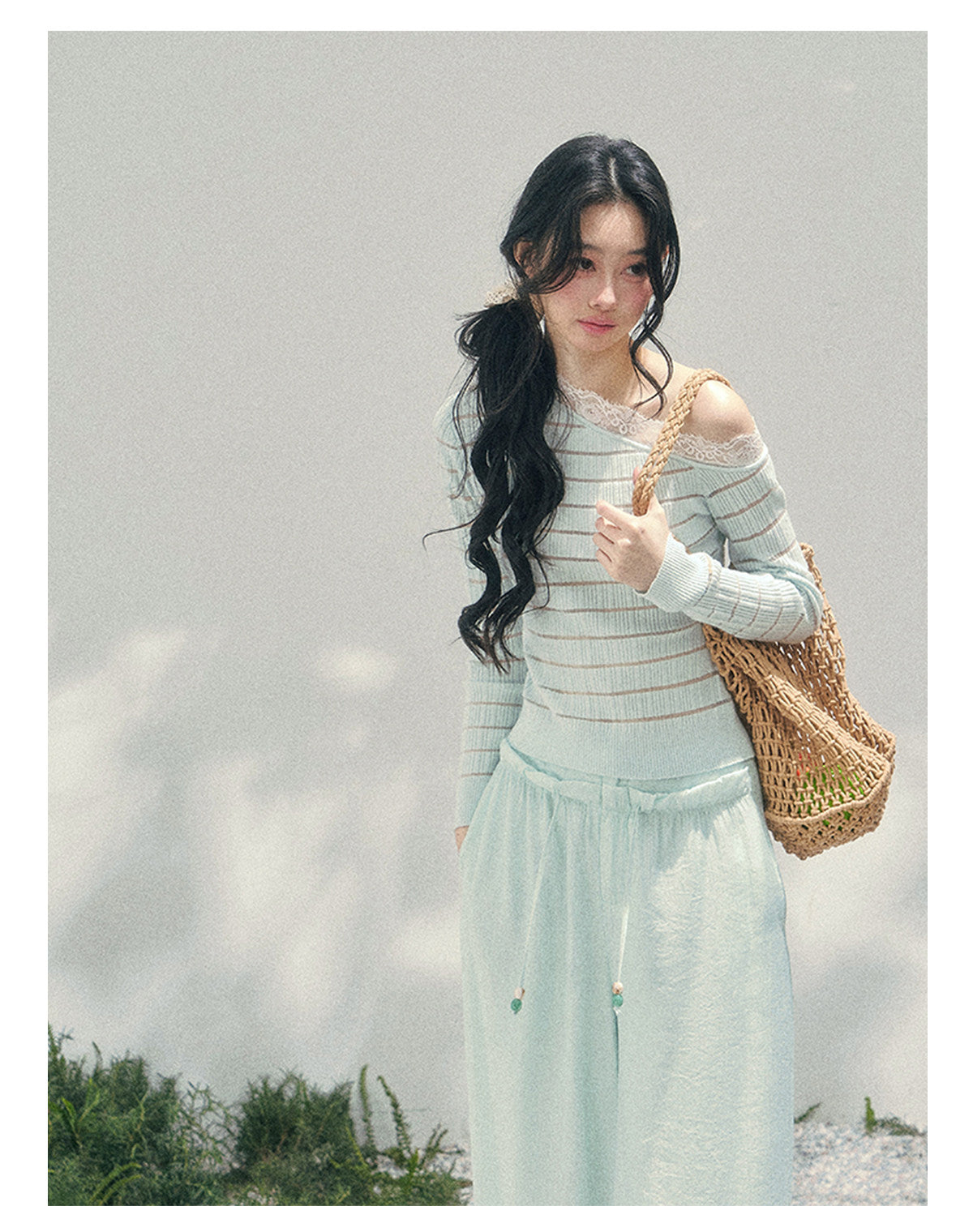 少也眼 “A Gentle Glance” One-Shoulder Lace Knit Long-Sleeve Top - Glacier Blue 43552