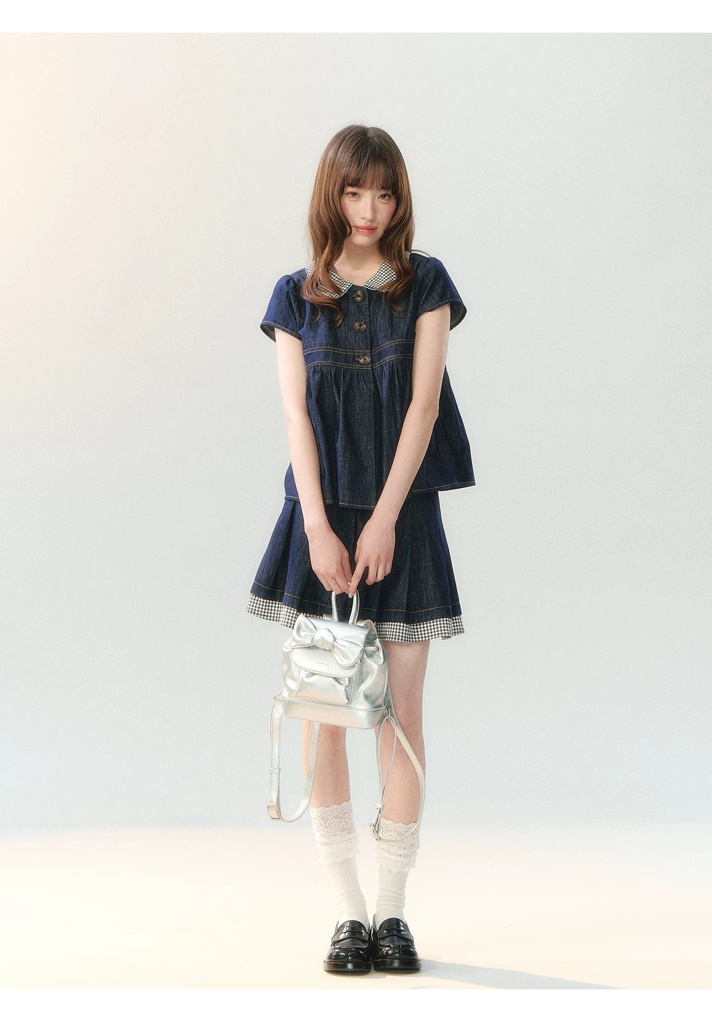 "Denim Check Prelude" Indigo Denim Three-Piece Set