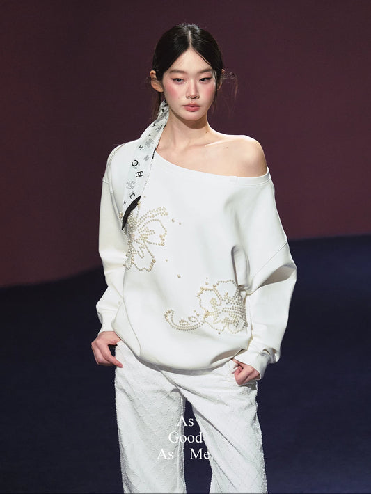 "Pearl Reverie" Pearl Embellished Convertible Off-Shoulder Sweatshirt (Red/ White)