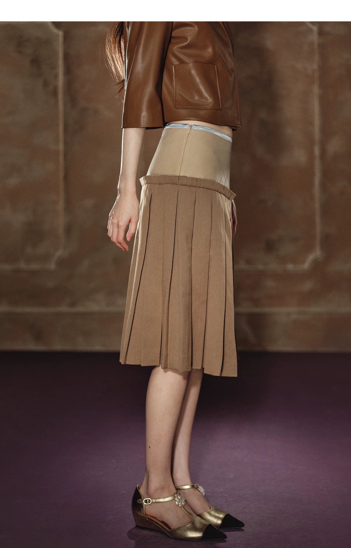 "Scholarly Muse" Khaki Faux Leather Jacket & Mixed-Media Pleated A-Line Skirt Set