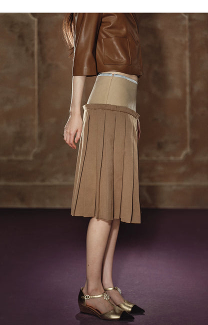 "Scholarly Muse" Khaki Faux Leather Jacket & Mixed-Media Pleated A-Line Skirt Set