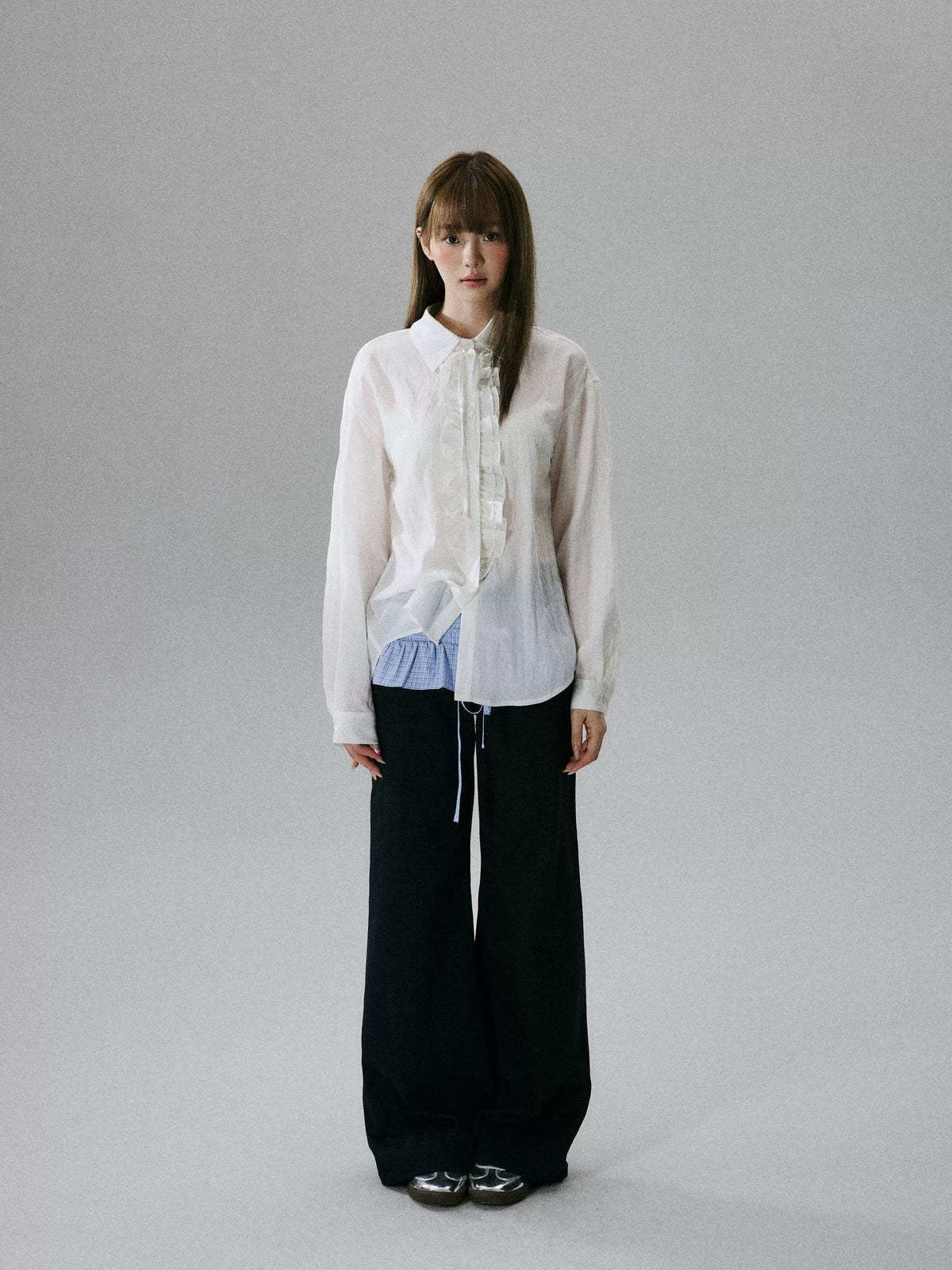 LOST FOREST - Ivory Asymmetrical Lyocell Tie-Strap Blouse with Ruffle Trim