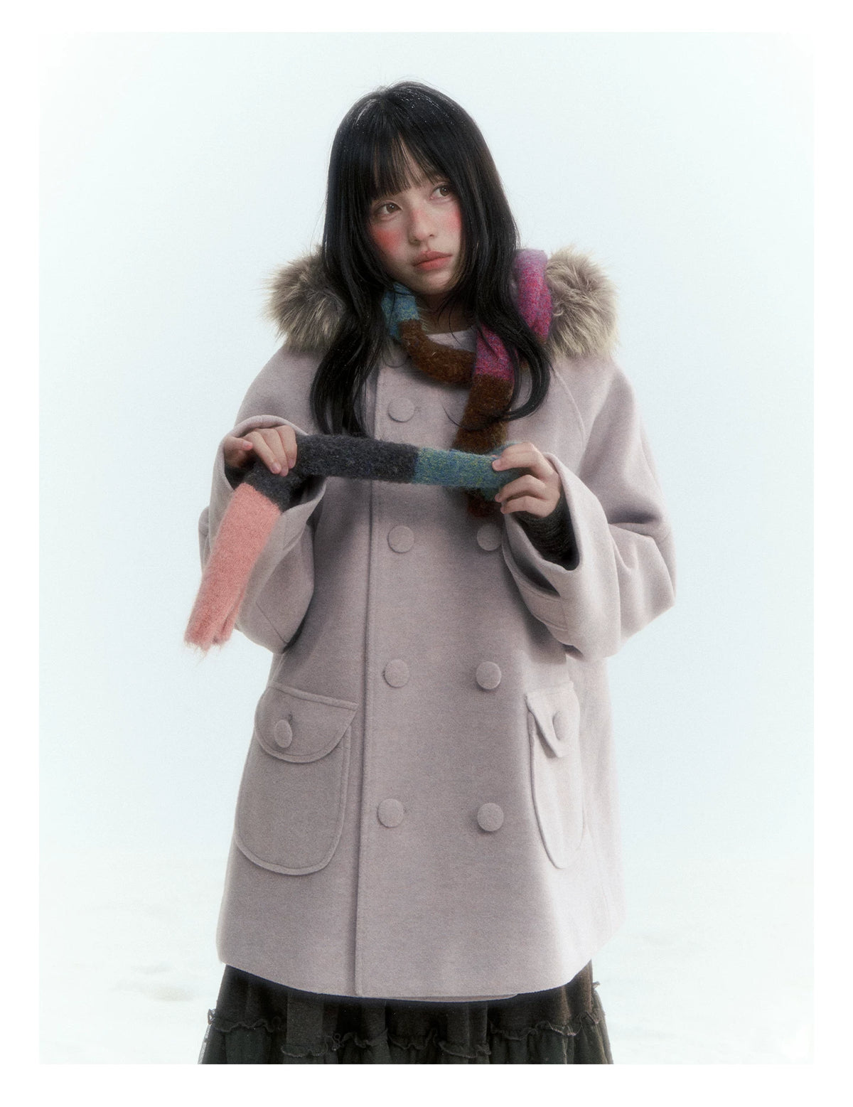 Japanese Hooded Double-Breasted Wool Coat (Deep Charcoal Gray / Taro Purple)