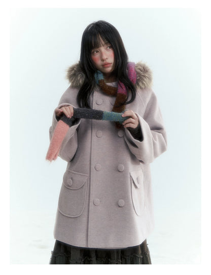 Japanese Hooded Double-Breasted Wool Coat (Deep Charcoal Gray / Taro Purple)