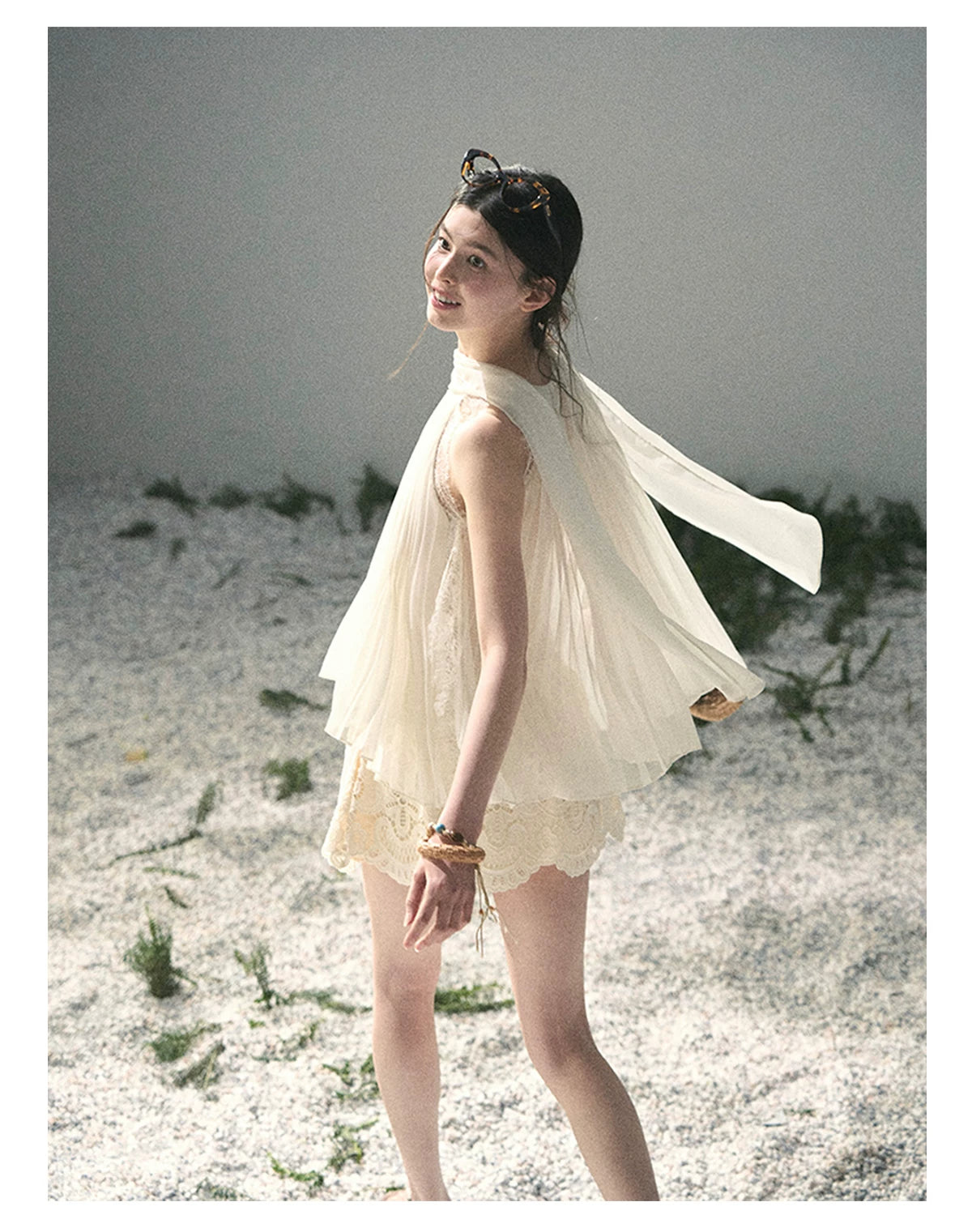 “Summer Light Through Pleats” Ivory Lace Pleated Halter Blouse