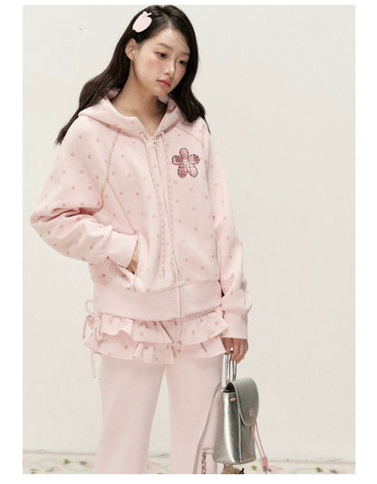 [RF] Polka Dot Hoodie and Pants Set with Zip Closure in Soft Pink