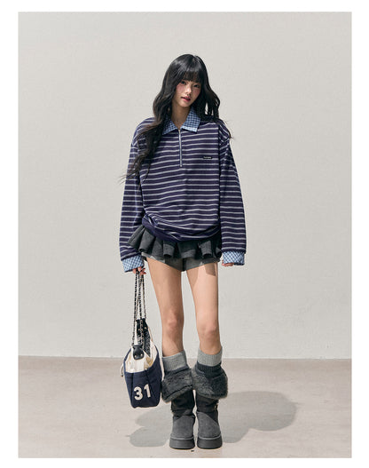 少也眼 “She Fades into Blue” Faux-Layered American Stripe Polo Top 54542