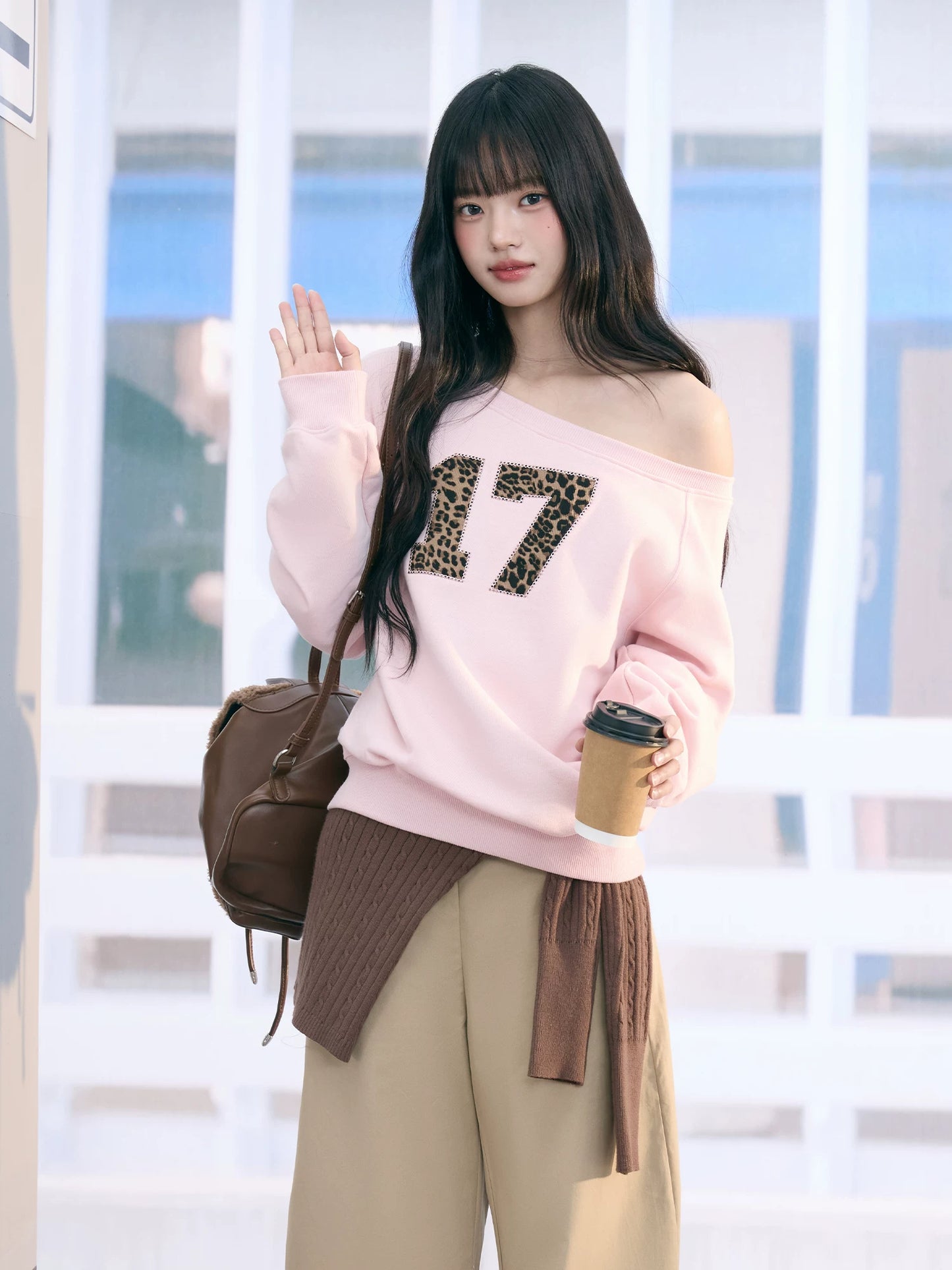 "Pink Panther Mood" Blush Pink Leopard Patch One-Shoulder Sweatshirt