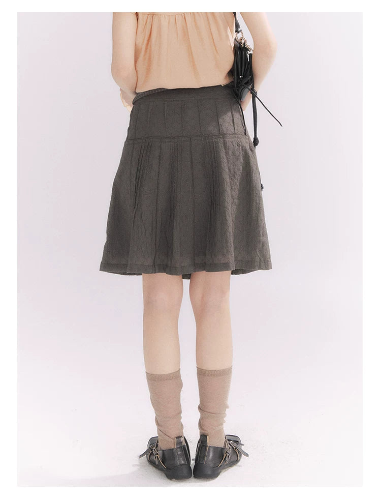 “Misty Texture” Gray Plaid Trim Embroidered A-Line Skirt