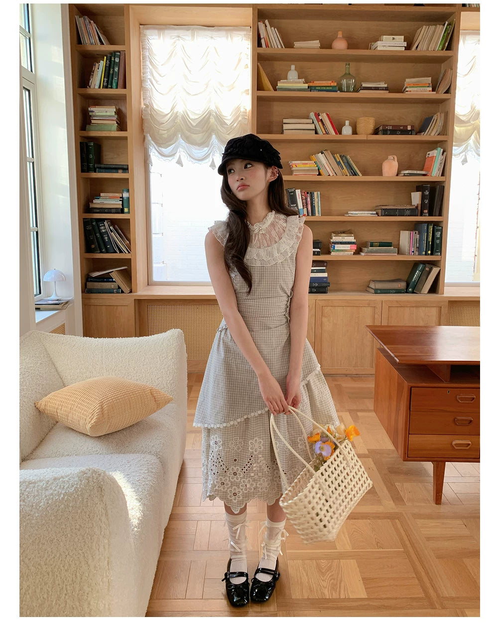 “Tea Garden Reverie” Light Apricot Plaid Embroidered Dress
