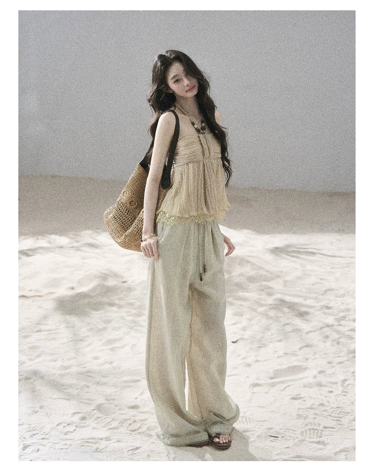 "Follow the Sea Breeze" Lightweight Straight-Leg Wide-Leg Pants (Lotus Pink/ Gray Sage Green/ Gray Blue)