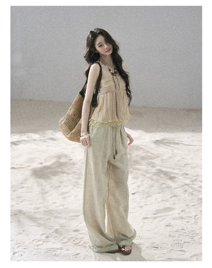 "Follow the Sea Breeze" Lightweight Straight-Leg Wide-Leg Pants (Lotus Pink/ Gray Sage Green/ Gray Blue)