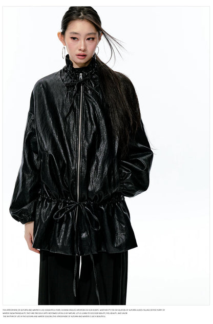JN's DESIGN - Black Drawstring Faux Leather Jacket with Lace Back Detail