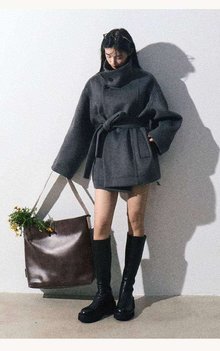OAKMOO/ "The Breath of Time" Classic Gray Wool-Blend Belted Short Coat