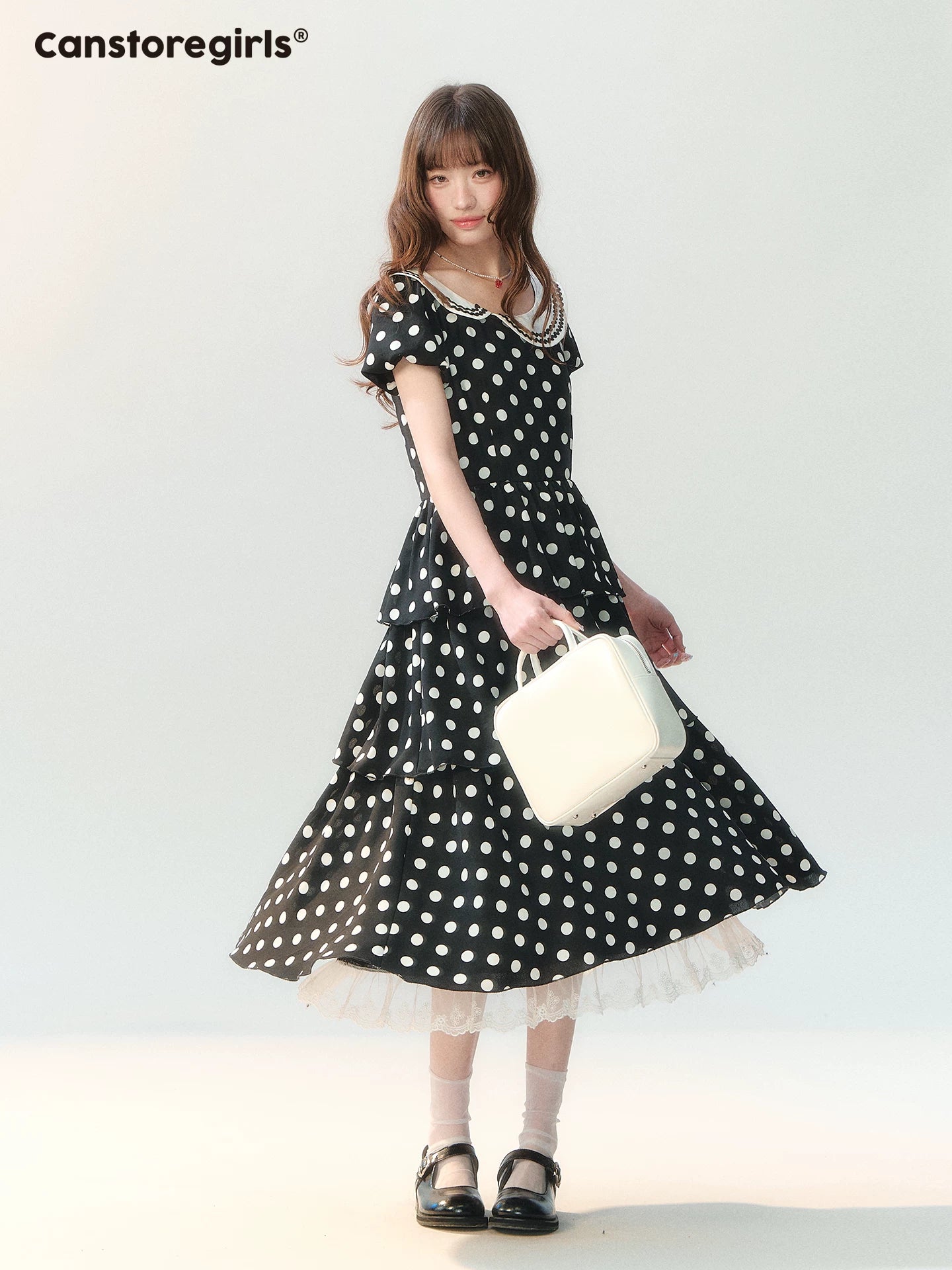"Midnight Waltz Letter" Black Polka Dot Tiered Dress LL2026225