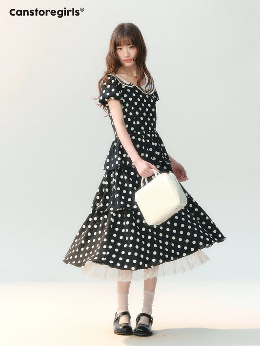 150626C "Midnight Waltz Letter" Black Polka Dot Tiered Dress