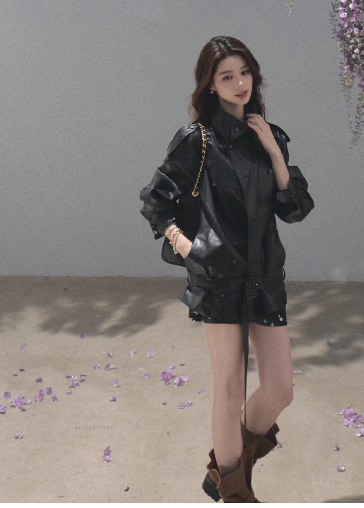 OAKMOO/ Belted Double-Breasted Trench Jacket (Deep Black / Hazel Khaki)