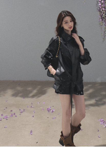 OAKMOO/ Belted Double-Breasted Trench Jacket (Deep Black / Hazel Khaki)