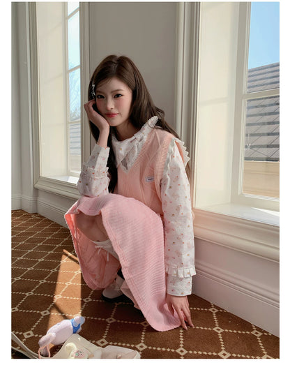 “Pudding Bear Letter” White Teddy Print Lace Blouse
