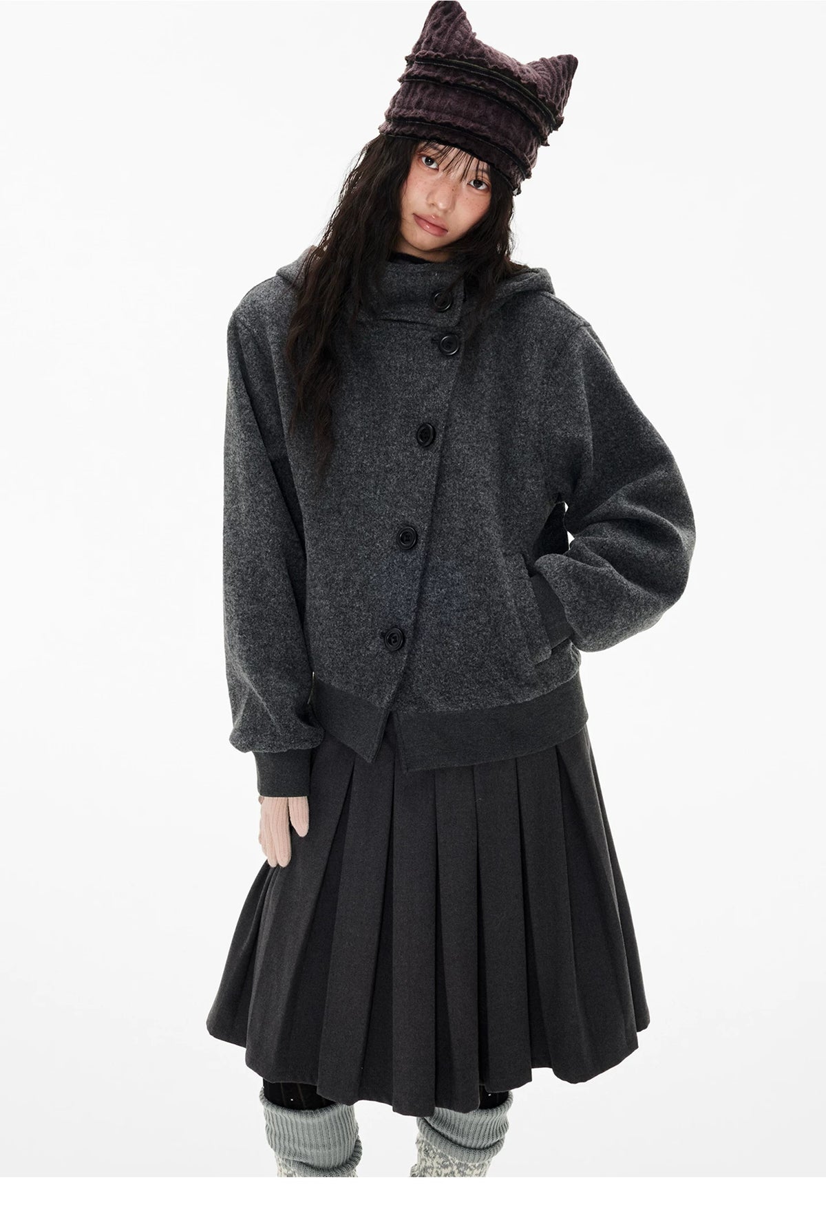 EZEK | Preppy Hooded Wool Blend Jacket with Button Front