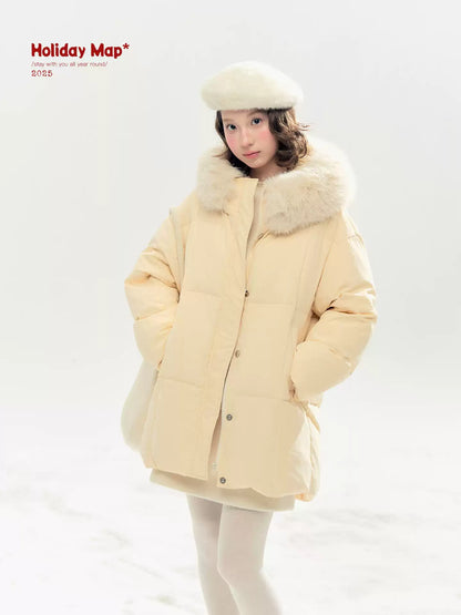 "Butter Soufflé" Vanilla Butter Hooded Mid-Length Down Coat with Faux Fox Fur Trim