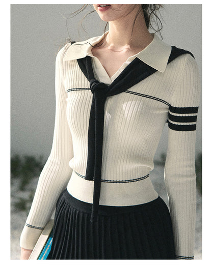 “Delhi Academy” Ivory Polo Knit Set with Midnight Black Scarf