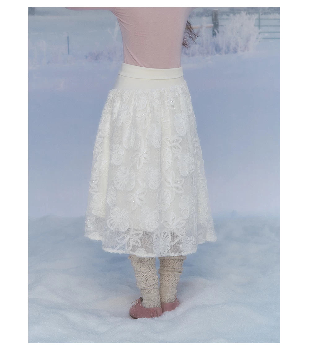 CANSTORE - "Moonflower Lace" Ivory Midi A-Line Skirt with 3D Floral Appliqués