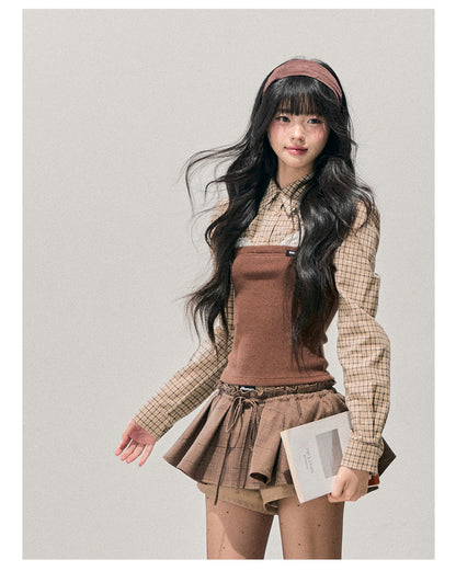 少也眼 "Falling Leaves Trace" Faux Layered Lace Plaid Knit Top